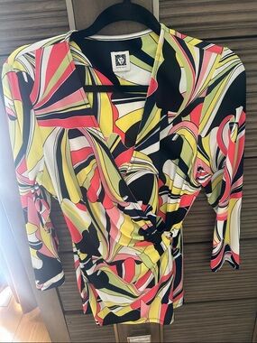Anne Klein Multicolor Abstract Wrap Top